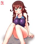  1girl alternate_costume artist_logo blue_eyes blue_swimsuit blush braid breasts brown_hair chestnut_mouth collarbone competition_swimsuit dated eyebrows_visible_through_hair feet_out_of_frame hair_between_eyes hair_over_shoulder highleg highleg_swimsuit highres kanon_(kurogane_knights) kantai_collection large_breasts long_hair looking_at_viewer noshiro_(kantai_collection) one-piece_swimsuit open_mouth signature simple_background sitting solo swimsuit twin_braids wet wet_clothes wet_swimsuit white_background 