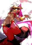  1girl abs abstract_background arm_guards arm_on_head arm_up blue_eyes breasts dancing harem_pants highres navel nishiide_kengorou one_eye_closed open_mouth pants pink_hair ponytail shantae_(character) shantae_(series) solo underboob 