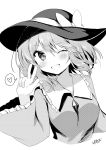  1girl ;d artist_name bangs blush bow breasts cropped_torso eyebrows_visible_through_hair fang frilled_shirt_collar frilled_sleeves frills greyscale hair_between_eyes halftone hand_up hat hat_bow heart highres komeiji_koishi large_breasts long_sleeves looking_at_viewer monochrome nenobi_(nenorium) one_eye_closed open_mouth shirt short_hair signature simple_background skin_fang smile solo spoken_heart touhou translated upper_body w white_background wide_sleeves 