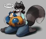  2019 absorption_vore anthro areola big_breasts blue_hair bottomwear breast_expansion breast_transformation breast_vore breasts cleavage_vore clothed clothing concern dialogue digital_media_(artwork) english_text female female_pred fluffy fluffy_tail fur grey_background hair hand_on_breast hi_res holding_breast huge_breasts jeans jiggle looking_at_prey looking_down mammal nipples open_mouth pants procyonid raccoon robomax shirt simple_background sitting smile speech_bubble text topwear transformation vore 