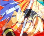  1boy baggy_pants blue_eyes blue_hair chest galo_thymos gloves looking_at_viewer male_focus matahei matoi pants promare shirtless smile spiked_hair 