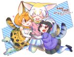  3girls :d ;d ^_^ animal_ear_fluff animal_ears bare_shoulders black_hair black_neckwear black_skirt blonde_hair blush boots bow bowtie brown_eyes chibi closed_eyes commentary common_raccoon_(kemono_friends) elbow_gloves extra_ears fang fennec_(kemono_friends) fox_ears fox_tail girl_sandwich gloves grey_hair hand_on_another&#039;s_head highres hug kemono_friends motomiya_kana multicolored_hair multiple_girls one_eye_closed open_mouth print_gloves print_legwear print_neckwear print_skirt puffy_short_sleeves puffy_sleeves raccoon_ears raccoon_tail rakugakiraid sandwiched seiyuu_connection serval_(kemono_friends) serval_ears serval_print serval_tail shirt short_hair short_sleeves simple_background skirt sleeveless sleeveless_shirt smile tail thighhighs translation_request white_background white_hair white_skirt yellow_neckwear 