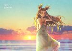  1girl arm_behind_back blue_dress brown_eyes brown_hair closed_mouth cloud collarbone dress floating_hair hair_ornament hand_in_hair long_dress long_hair mikan_(pokemon) ocean ooki1089 orange_neckwear outdoors pokemon pokemon_(game) pokemon_gsc smile snake solo sundress sunset two_side_up very_long_hair white_snake wind wind_lift 