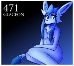  anthro anthrofied blue_eyes blue_fur breasts cheek_tuft chest_tuft digital_media_(artwork) eeveelution female fur glaceon hi_res inget nintendo nude pok&eacute;mon pok&eacute;mon_(species) pok&eacute;morph simple_background smile solo tuft video_games 