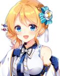  1girl :d alternate_hairstyle ayase_eli blonde_hair blue_bow blue_eyes blue_gloves blush bow clenched_hands commentary_request detached_sleeves flower gloves hair_bow hair_flower hair_ornament hair_stick kanzashi looking_at_viewer love_live! love_live!_school_idol_project nameneko_(124) open_mouth side_ponytail smile solo striped striped_bow striped_neckwear tassel upper_body white_background white_flower wide_sleeves 