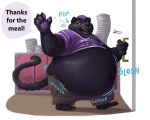  5:4 anthro belly belly_jiggle big_belly black_fur chubby_cheeks claws clothed clothing comic door felid football_player fur gesture hair jersey kygen male mammal midriff navel obese obese_male open_mouth open_smile overweight overweight_male pantherine plate purple_hair simple_background smile solo speech_bubble walking waving weight_gain white_background 