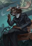  2019 5_fingers anthro brown_fur brown_hair cervid clothed clothing detailed_background digital_media_(artwork) fingers fur hair hi_res kuroame mammal night outside sitting smoking solo 