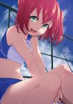  1girl :d bangs between_legs chain-link_fence cloud cloudy_sky commentary_request crop_top day eyebrows_visible_through_hair fence green_eyes gym_shorts hand_between_legs highres kurosawa_ruby looking_at_viewer love_live! love_live!_sunshine!! midriff navel open_mouth outdoors red_hair round_teeth short_hair short_shorts shorts sitting sky smile solo sweat teeth track_uniform two_side_up upper_teeth yamaori_(yamaorimon) 