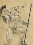  abs anthro armor biceps blood bodily_fluids bulge canid canine canis clothing domestic_dog headgear helmet jockstrap julius male mammal muscular muscular_male nipples solo spartan triceps tush underwear 