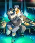  2019 anthro black_fur black_nose canid canine canis detailed_background digital_media_(artwork) domestic_dog duo female fur grey_fur hi_res hihikori male mammal nude partially_submerged smile water wolf 