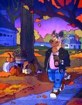  2018 african_wild_dog anthro beverage black_nose bottomwear brown_fur building canid canine clothed clothing darius_davis detailed_background digital_media_(artwork) fall_(disambiguation) food footwear frohawk fruit fur geodedog gold_chain hair hi_res house jacket jeans jewelry leaf leather leather_jacket male mammal multicolored_fur necklace night pants pavement plant pumpkin shirt shoes smile sneakers soda solo spots topwear walking 