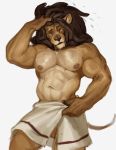  abs anthro balls barely_visible_balls barely_visible_genitalia colored_sketch felid hair hi_res kaptain_spicy lion male mammal muscular muscular_male pantherine pecs simple_background solo towel towel_only wet white_background 