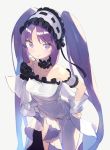  1girl bare_shoulders blush choker euryale fate/grand_order fate/hollow_ataraxia fate_(series) hajime_(hajime-ill-1st) hands_on_hips highres lace lace_choker looking_at_viewer maid_headdress purple_eyes purple_hair smile solo thighs twintails white_background 