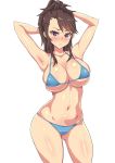  1girl amaretto_(girls_und_panzer) armpits arms_behind_head arms_up ass_visible_through_thighs asymmetrical_bangs bangs bikini blue_bikini blush breasts brown_eyes brown_hair closed_mouth commentary cowboy_shot eyebrows_visible_through_hair frown girls_und_panzer half_updo holding large_breasts long_hair looking_at_viewer mordeth navel simple_background skindentation solo standing swimsuit thighs white_background 