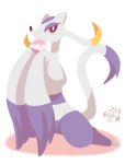  absurd_res ambiguous_gender blush food food_on_face fur hi_res looking_at_viewer mienshao nintendo nyaswitchnya poffin pok&eacute;mon pok&eacute;mon_(species) purple_fur red_eyes simple_background video_games white_background white_fur yellow_fur 