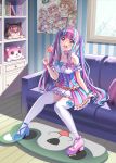  +_+ 1girl :3 :d ahoge ankle_strap bang_dream! bangs bare_shoulders blonde_hair blue_bow blue_footwear blue_hair blunt_bangs blush book bow candy cat_ear_headphones character_doll choker chu2_(bang_dream!) commentary_request couch cross-laced_clothes cushion day dress food frilled_sleeves frills hair_bobbles hair_ornament headphones highres hikawa_hina holding_lollipop indoors kenkou_toshikou lollipop long_hair looking_at_viewer maruyama_aya michelle_(bang_dream!) multicolored multicolored_clothes multicolored_dress multicolored_hair nesoberi o_o open_mouth pareo_(bang_dream!) pink_bow pink_dress pink_eyes pink_hair poster_(object) purple_dress rug shirasagi_chisato short_sleeves sitting smile solo stuffed_animal stuffed_toy teddy_bear thighhighs twintails two-tone_hair very_long_hair wakamiya_eve white_hair white_legwear window wooden_floor wrist_bow yellow_dress 