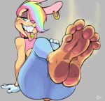  2019 anthro barefoot blue_eyes bodily_fluids bonkers_(vimhomeless) clothed clothing feet foot_focus looking_at_viewer piercing smelly smelly_feet sweat vimhomeless 