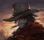  1boy ashes black_eyes black_hair chocofing_r cigar cowboy cowboy_hat embers face facial_hair hat male_focus mccree_(overwatch) outdoors overwatch parted_lips shaded_face silhouette smoke smoking solo sunrise torn_clothes western 