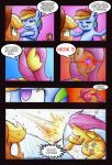  2018 angry applejack_(mlp) comic dialogue english_text equid equine feathered_wings feathers female feral fluttershy_(mlp) friendship_is_magic glowing glowing_eyes group hair hi_res horse mammal multicolored_hair mustachedbain my_little_pony pony pterippus punching rainbow_dash_(mlp) rainbow_hair text wings 