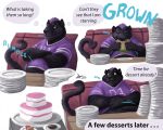  5:4 anthro belly big_belly black_fur burger cake chubby_cheeks clothed clothing comic crossed_arms eating eyes_closed felid food football_player fur hair hand_on_stomach holding_food holding_object jersey kygen male mammal overweight overweight_male pantherine plate purple_hair simple_background sitting slightly_chubby smile solo thought_bubble weight_gain white_background 