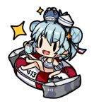  1girl 1other bamomon bikini blue_hair chibi dixie_cup_hat double_bun drink fang hat kantai_collection lifebuoy little_blue_whale_(kantai_collection) lowres military_hat open_mouth samuel_b._roberts_(kantai_collection) short_hair simple_background smile sparkle striped striped_bikini swimsuit whale white_background white_headwear yellow_eyes 
