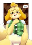  &lt;3 2019 animal_crossing anthro blush bottomless breasts canid canine canis clothed clothing cyrus_physhor domestic_dog female fur hair half-closed_eyes hi_res isabelle_(animal_crossing) mammal navel nintendo open_mouth shih_tzu solo speech_bubble toy_dog video_games yellow_fur 