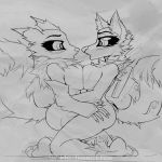  1:1 anthro armwear bodily_fluids breast_squish breasts breasts_frottage bridal_gauntlets canid canine clothing digimon digimon_(species) duo eye_contact female female/female fur greyscale hand_behind_back hand_on_hip kneeling looking_at_another macmegagerc mammal monochrome open_mouth renamon saliva saliva_string side_boob simple_background squish 