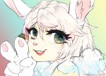  2019 anthro bubble carrot clothed clothing digital_media_(artwork) dreamchanart female food fur gloves green_eyes hair handwear hi_res lagomorph leporid looking_at_viewer mammal open_mouth pawpads paws peace_sign_(disambiguation) pink_hair pink_nose plant rabbit simple_background smile solo teeth tongue usawa_fuwakaru vegetable white_background white_fur 