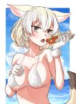 1girl :p animal_ears bangs blonde_hair blue_sky blush breasts brown_eyes commentary day fennec_(kemono_friends) food fox_ears fox_tail gloves half-closed_eyes hand_on_own_chest highres holding holding_food hot_dog kemono_friends large_breasts looking_at_viewer open_mouth outdoors outside_border phallic_symbol short_hair sky solo standing tail toku_(yhpv8752) tongue tongue_out upper_body white_gloves 