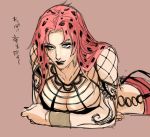  1girl bangs breasts brown_background cleavage diavolo genderswap genderswap_(mtf) ichimoku_(tansio5) jojo_no_kimyou_na_bouken large_breasts lipstick long_hair lying makeup on_stomach pink_hair simple_background sketch solo tattoo translation_request wristband 