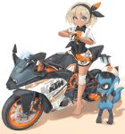  1girl barefoot black_bodysuit black_hairband blue_eyes bodysuit bodysuit_under_clothes color_connection commentary_request dark_skin full_body gloves grey_hair ground_vehicle hairband helmet highres holding holding_helmet holding_poke_ball knee_pads ktm_390_duke mikeran_(mikelan) motor_vehicle motorcycle poke_ball pokemon pokemon_(creature) pokemon_(game) pokemon_swsh riolu saitou_(pokemon) short_hair shorts single_glove straddling thick_eyebrows 