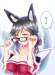  1girl ahri animal_ears bare_shoulders black_hair blush breasts cleavage collarbone commentary_request detached_sleeves eyebrows_visible_through_hair facial_mark fox_ears fox_girl fox_tail glasses graphite_(medium) highres holding korean_clothes large_breasts league_of_legends long_hair looking_at_viewer mechanical_pencil multiple_tails musical_note nail_polish no_warranty pencil slit_pupils smile solo speech_bubble tail traditional_media translation_request whisker_markings yellow_eyes 