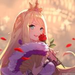  1girl aqua_eyes artist_request blonde_hair blurry blurry_background chelle_(dragalia_lost) commentary_request company_name dragalia_lost eyebrows_visible_through_hair fan flower folding_fan hair_ornament holding holding_fan holding_flower leaf long_hair looking_at_viewer official_art open_mouth partial_commentary petals plant rose rose_petals smile solo thorns tiara upper_body very_long_hair watermark 