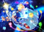  1girl 2boys blonde_hair chiko_(mario) commentary commentary_request crown dress earrings gloves green_eyes jewelry mario_(series) multiple_boys poroi_(poro586) red_footwear rockman rosalina signature sonic sonic_the_hedgehog space star starman_(rockman) super_smash_bros. wand wisp_(sonic) 