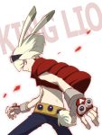  1boy animal_ears blonde_hair bunny_ears c_han25 cosplay fingerless_gloves gloves goggles goggles_on_head green_hair highres king_kazuma king_kazuma_(cosplay) lio_fotia looking_at_viewer male_focus promare purple_eyes simple_background solo summer_wars vest white_background 