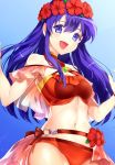  1girl bikini blue_background blue_eyes blue_hair fire_emblem fire_emblem:_the_binding_blade fire_emblem_heroes gradient gradient_background head_wreath jurge lilina long_hair navel open_mouth red_swimsuit simple_background solo swimsuit 