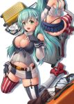  2girls amatsukaze_(kantai_collection) amatsukaze_(kantai_collection)_(cosplay) aqua_hair areola_slip areolae ass awa_yume blue_legwear blue_skirt breasts cleavage collar colorado_(kantai_collection) colorado_(kantai_collection)_(cosplay) cosplay elbow_gloves gloves green_eyes hair_ornament hairclip hand_on_own_chest hand_on_own_leg high_heels highres iowa_(kantai_collection) iowa_(kantai_collection)_(cosplay) kantai_collection kneeling large_breasts long_hair looking_at_viewer metal_collar midriff mismatched_legwear multiple_girls navel pleated_skirt red_legwear rudder_footwear shimakaze_(kantai_collection) shimakaze_(kantai_collection)_(cosplay) shiny shiny_hair sideboob sidelocks simple_background skirt straight_hair striped striped_legwear suzuya_(kantai_collection) thighhighs thong white_background 