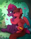  2019 blue_eyes broken_horn brown_hair cutie_mark detailed_background digital_media_(artwork) duo equid equine fan_character feathered_wings feathers female feral fur grass hair hi_res hooves horn hug male mammal my_little_pony my_little_pony_the_movie pterippus purple_fur red_feathers sitting smile tempest_shadow_(mlp) unicorn wings yakovlev-vad 