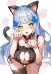  1girl animal_ears bangs bell bell_choker black_panties blunt_bangs blush bra breasts cat_cutout cat_ear_panties cat_ears cat_lingerie choker cleavage cleavage_cutout eyebrows_visible_through_hair facial_mark frilled_bra frills girls_frontline green_eyes hair_ornament hk416_(girls_frontline) jingle_bell large_breasts leaning_forward long_hair looking_at_viewer meme_attire navel panties paw_pose paw_print qian_wu_atai side-tie_panties silver_hair solo teardrop thighhighs underwear underwear_only very_long_hair 