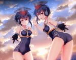  2girls ass ass_visible_through_thighs asymmetrical_hair black_hair blue_swimsuit breasts brown_eyes cloud cloudy_sky collarbone covered_navel crop_top dusk eyebrows_visible_through_hair framed_breasts gloves hair_between_eyes hands_together hat headphones highres i-13_(kantai_collection) i-14_(kantai_collection) kantai_collection looking_at_viewer multiple_girls nuka_(nvkka) ocean outdoors partly_fingerless_gloves sailor_collar scenery school_swimsuit shirt short_hair siblings single_glove sisters sky small_breasts smile standing star star_(sky) starry_sky sun sunlight swimsuit swimsuit_under_clothes tsurime water white_sailor_collar 
