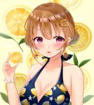  1girl bangs bare_shoulders bikini blue_bikini blush bow bracelet breasts brown_hair cleavage collarbone commentary_request eyebrows_behind_hair floral_print food fruit hair_between_eyes hair_bow hair_ornament hairclip hand_up holding holding_food jewelry lemon lemon_print lemon_slice looking_at_viewer medium_breasts original parted_lips pearl_bracelet print_bikini red_eyes sakura_hiyori sidelocks solo striped striped_bow swimsuit yellow_bow 