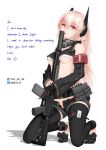  1girl absurdres arm_behind_back assault_rifle bandana bare_shoulders belt between_breasts black_legwear blush breasts english_text feet girls_frontline gun hair_between_eyes headwear highres licking licking_weapon long_hair looking_at_viewer m4_carbine m4_sopmod_ii m4_sopmod_ii_(girls_frontline) mechanical_arm open_pants pink_hair pixiv_id red_eyes ribbon rifle shorts small_breasts socks solo suppressor tongue tongue_out twitter_username underboob upper_body vectorek weapon white_hair 