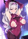  1girl arms_up bangs bare_shoulders blush bodysuit breasts closed_mouth covered_navel hairband hidebou idolmaster idolmaster_(classic) large_breasts long_hair looking_at_viewer nipples purple_bodysuit purple_eyes shijou_takane silver_hair solo torn_bodysuit torn_clothes 