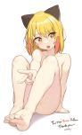  1girl absurdres animal_ears arm_support ass blonde_girl_(cloba) blonde_hair cloba collarbone commentary_request convenient_leg fang feet highres hits knees_up looking_at_viewer nude open_mouth original shadow short_hair signature simple_background sitting solo toes v white_background yellow_eyes 