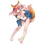  1girl animal_ear_fluff animal_ears bikini breasts cleavage cloud commentary commentary_request day fate/grand_order fate_(series) flower fox_ears fox_girl fox_tail full_body hair_ornament kanola_u large_breasts navel ocean outdoors pink_hair red_flower side-tie_bikini simple_background sky solo swimsuit tail tamamo_(fate)_(all) tamamo_no_mae_(fate) twintails water white_background white_bikini yellow_eyes 