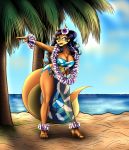 absurd_res amber_eyes anthro astraldog beach bikini blue_hair bottomwear breasts canid canine carmelita_fox cleavage clothed clothing copyright_sony_corporation copyright_sony_interactive_entertainment copyright_sucker_punch_productions female flower flower_in_hair fox fur hair hi_res hula hula_dancer invalid_tag lei mammal navel orange_fur outside plant sand sea seaside skirt sly_cooper_(series) solo sony_corporation sony_interactive_entertainment speices:canid sucker_punch_productions swimwear video_games water 