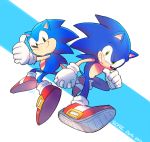  2boys anniversary black_eyes dual_persona gloves green_eyes holding_hands multiple_boys no_humans poroi_(poro586) red_footwear sonic sonic_the_hedgehog thumbs_up 