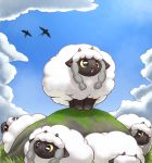  ambient_bird ambiguous_gender avian bird bovid caprine cloud feral fur group hi_res horizontal_pupils horn mammal nintendo open_mouth open_smile otakuap outside pigtails pink_nose pok&eacute;mon pok&eacute;mon_(species) rock sky smile video_games wool_(fur) wooloo yellow_sclera 