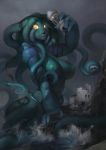  amber_eyes anthro breasts cephalopod digital_media_(artwork) female glowing glowing_eyes hi_res honovy humanoid marine mollusk nipples nude octopus outside partially_submerged solo water 