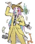  aura balloon balloon_animal belt boater_hat cigar collared_shirt cosplay empty_eyes feet_out_of_frame flag flower flower_in_mouth formal gatling_gun hand_on_headwear hat_feather hata_no_kokoro highres long_hair mask minigun money mouth_hold necktie peroponesosu. purple_eyes purple_hair red_flower red_rose rose shirt smoke standing stanley_ipkiss stanley_ipkiss_(cosplay) suit the_mask touhou weapon white_background yellow_headwear yellow_suit 